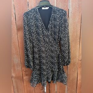 All in Favor Black and White Polka Dot Long Sleeve Mini Wrap Dress Size Medium
